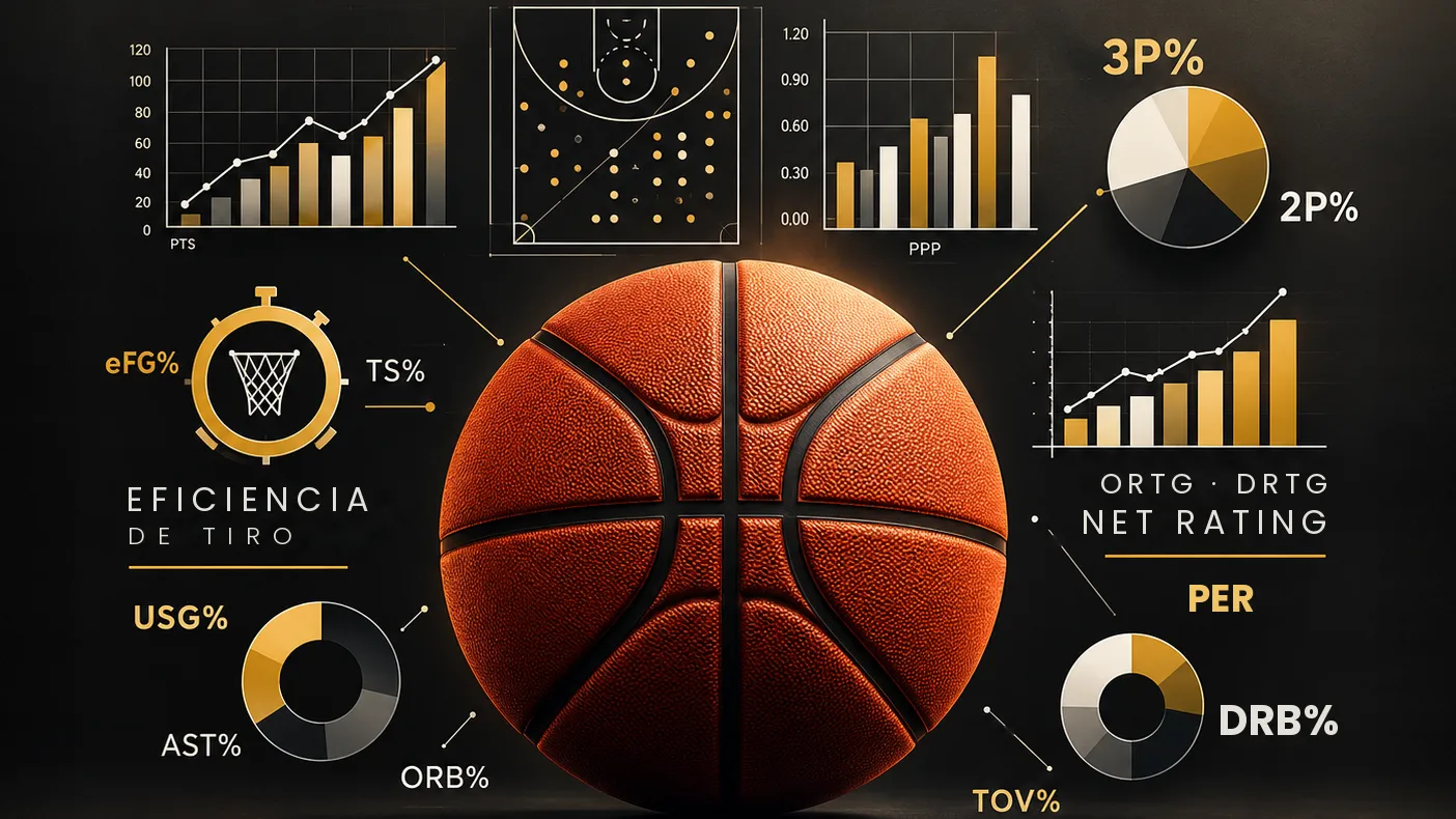 Balón de baloncesto rodeado de gráficos y métricas como eFG %, TS %, USG %, PER y ORTG/DRTG